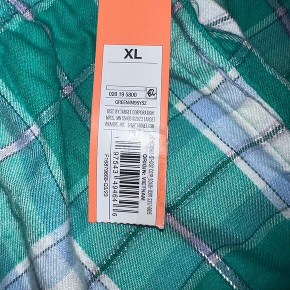 Cloise, XL green plaid metallic Flannel drawstring wide leg pocket pajama bottom - Picture 7 of 8